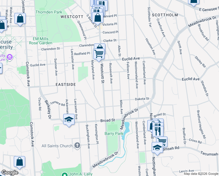 map of restaurants, bars, coffee shops, grocery stores, and more near 300 Roosevelt Avenue in Syracuse