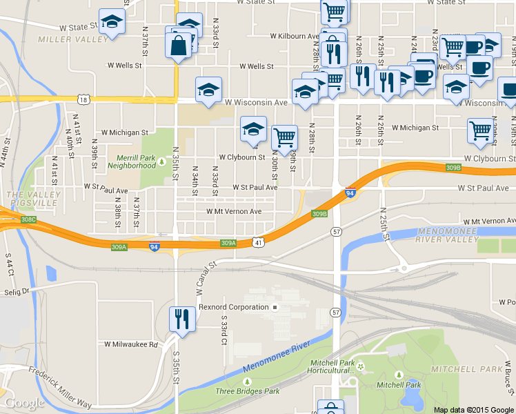 map of restaurants, bars, coffee shops, grocery stores, and more near 3028 West Mount Vernon Avenue in Milwaukee