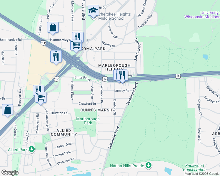 map of restaurants, bars, coffee shops, grocery stores, and more near 4325 Lumley Road in Madison