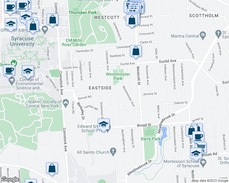 map of restaurants, bars, coffee shops, grocery stores, and more near 105 Buckingham Avenue in Syracuse