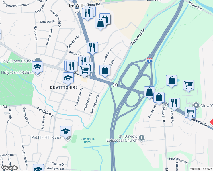 map of restaurants, bars, coffee shops, grocery stores, and more near 109 Ambergate Road in Syracuse