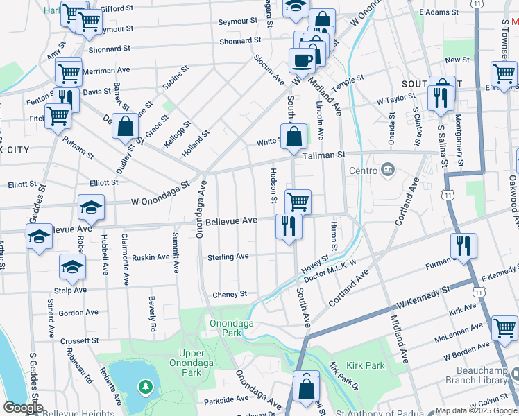 map of restaurants, bars, coffee shops, grocery stores, and more near 416 Bellevue Avenue in Syracuse