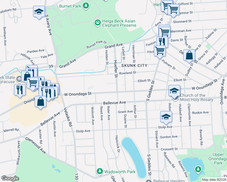 map of restaurants, bars, coffee shops, grocery stores, and more near 1629 West Onondaga Street in Syracuse
