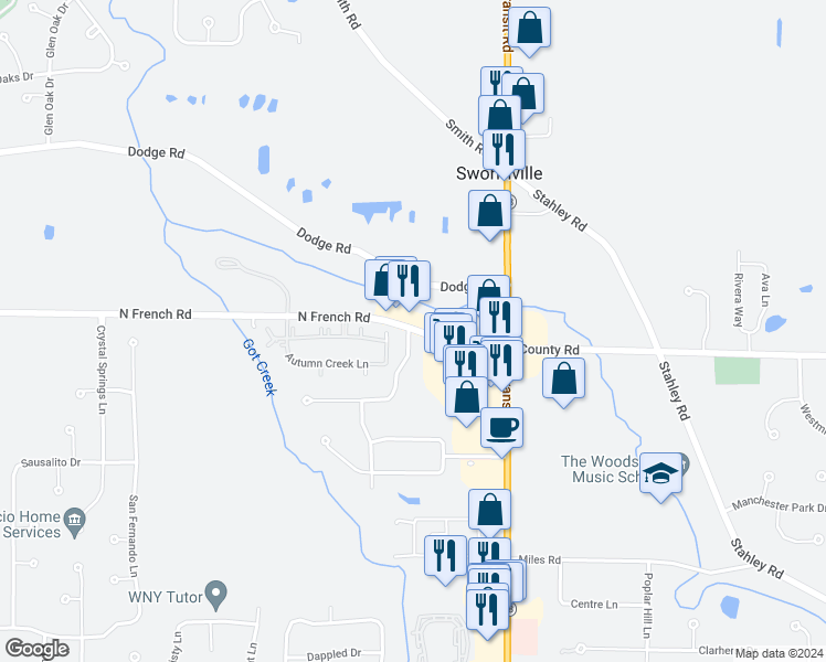 map of restaurants, bars, coffee shops, grocery stores, and more near 4901 North French Road in East Amherst