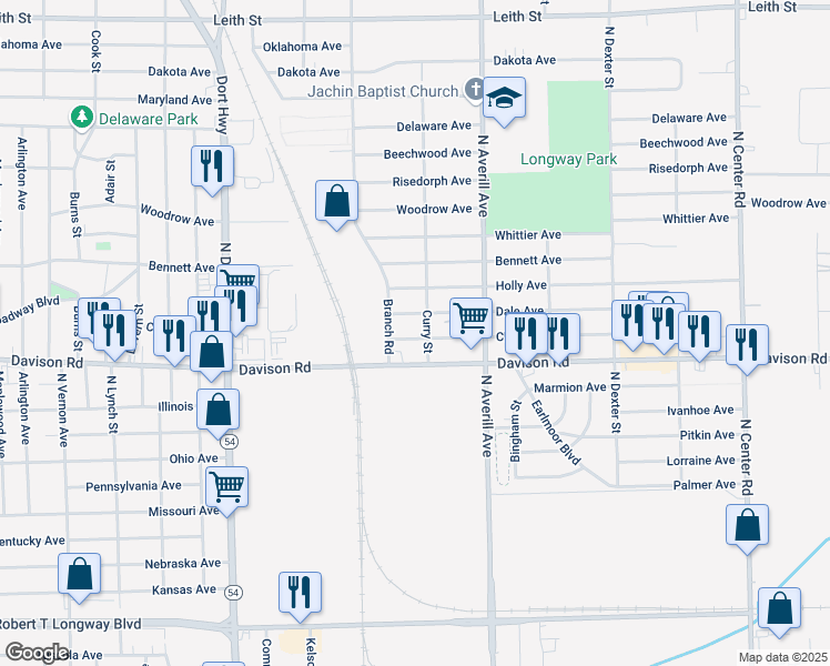 map of restaurants, bars, coffee shops, grocery stores, and more near 3202 Churchill Avenue in Flint