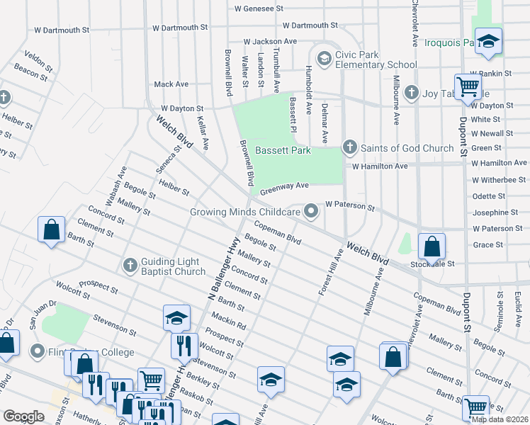 map of restaurants, bars, coffee shops, grocery stores, and more near 1802 Copeman Boulevard in Flint
