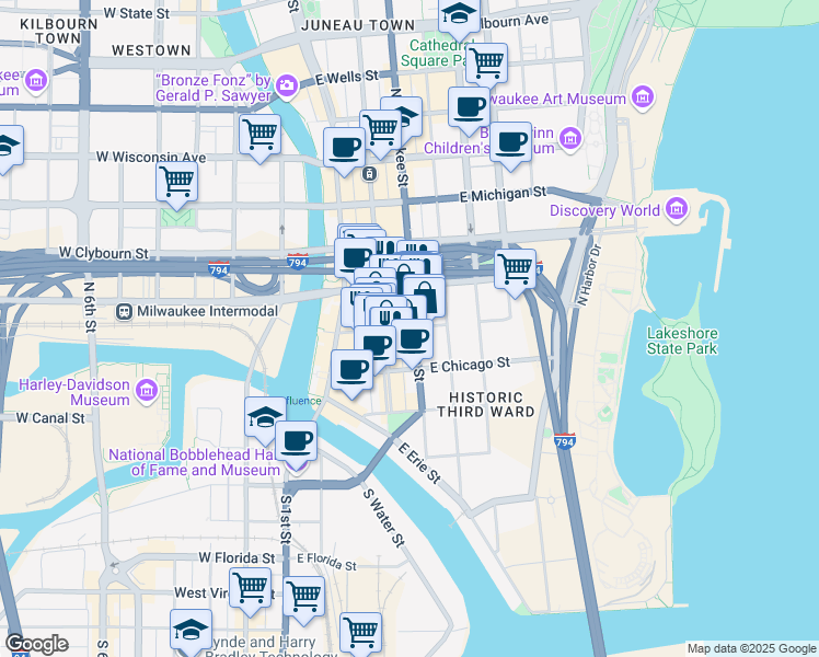 map of restaurants, bars, coffee shops, grocery stores, and more near 233 North Milwaukee Street in Milwaukee