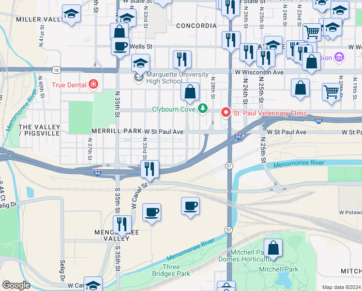 map of restaurants, bars, coffee shops, grocery stores, and more near 3031 West Mount Vernon Avenue in Milwaukee