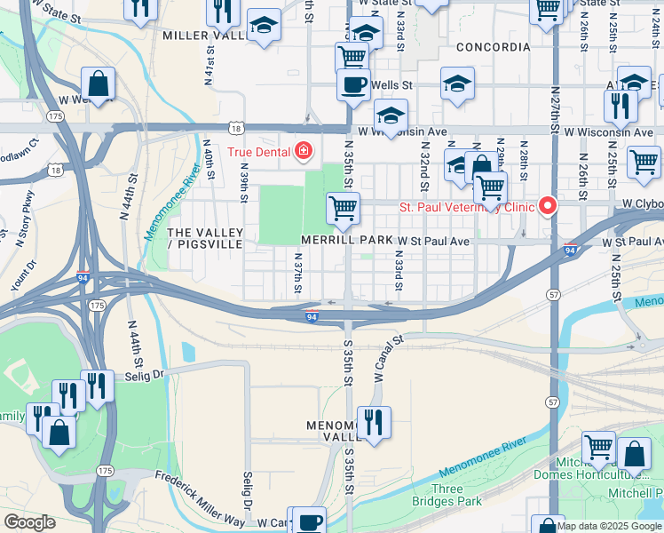 map of restaurants, bars, coffee shops, grocery stores, and more near 234A North 36th Street in Milwaukee