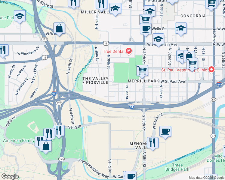 map of restaurants, bars, coffee shops, grocery stores, and more near 233 North 38th Street in Milwaukee