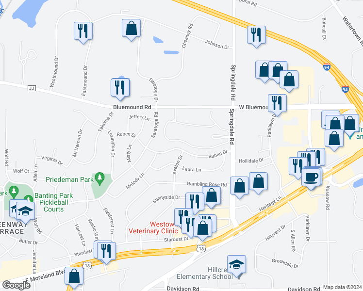 map of restaurants, bars, coffee shops, grocery stores, and more near 2314 Avalon Drive in Waukesha