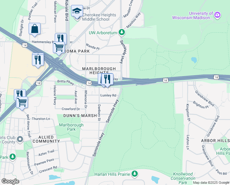 map of restaurants, bars, coffee shops, grocery stores, and more near 4217 Lumley Road in Madison