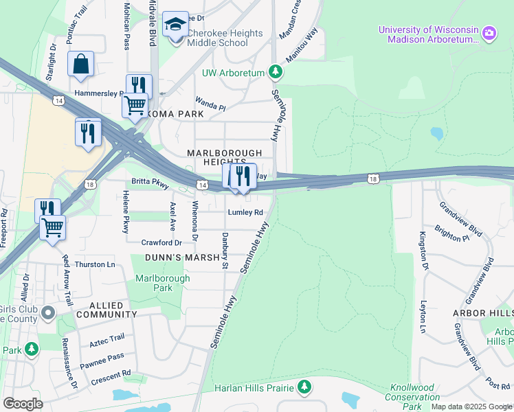 map of restaurants, bars, coffee shops, grocery stores, and more near 4217 Lumley Road in Madison