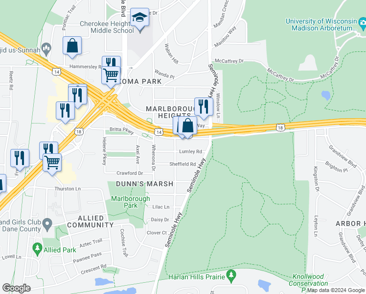 map of restaurants, bars, coffee shops, grocery stores, and more near 1901 Danbury Street in Madison