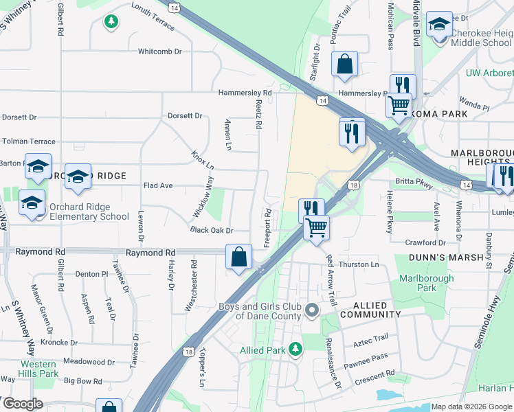 map of restaurants, bars, coffee shops, grocery stores, and more near 1811 Reetz Road in Madison