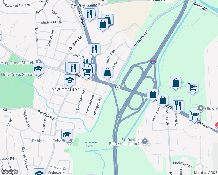 map of restaurants, bars, coffee shops, grocery stores, and more near 109 Ambergate Road in Syracuse
