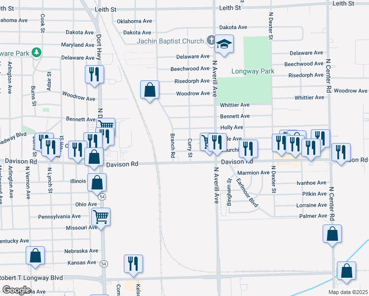 map of restaurants, bars, coffee shops, grocery stores, and more near 3202 Churchill Avenue in Flint