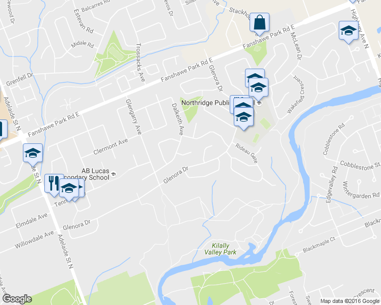 map of restaurants, bars, coffee shops, grocery stores, and more near 42 Kirkton Ct in London