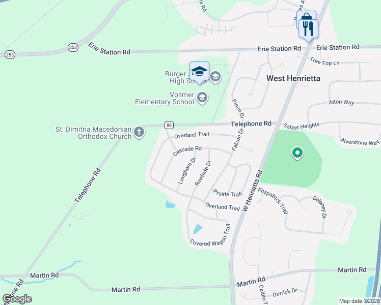 map of restaurants, bars, coffee shops, grocery stores, and more near 10 Longhorn Drive in West Henrietta