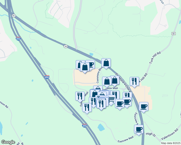 map of restaurants, bars, coffee shops, grocery stores, and more near 7500 Commons Boulevard in Victor