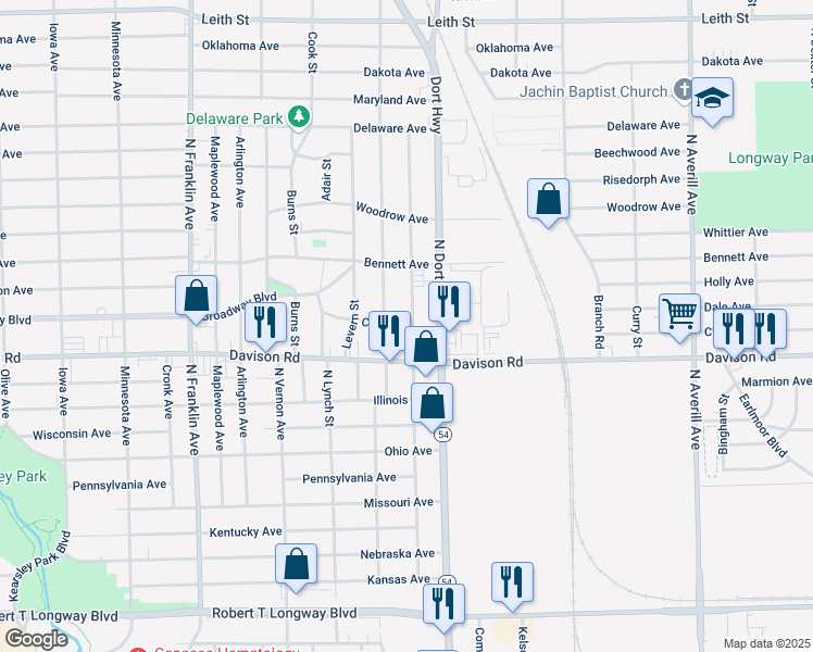 map of restaurants, bars, coffee shops, grocery stores, and more near 2621 Churchill Avenue in Flint