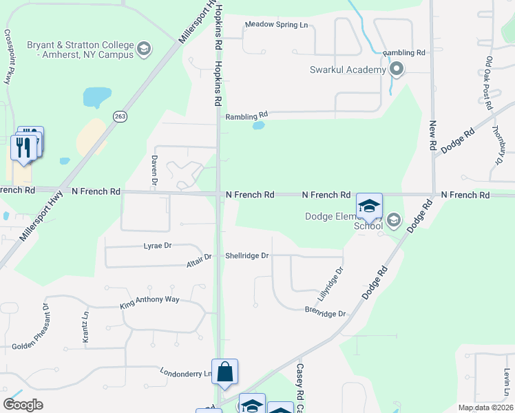 map of restaurants, bars, coffee shops, grocery stores, and more near 2405 North French Road in East Amherst