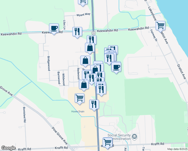 map of restaurants, bars, coffee shops, grocery stores, and more near 4303 24th Avenue in Fort Gratiot Township