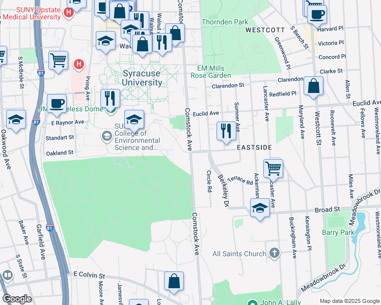 map of restaurants, bars, coffee shops, grocery stores, and more near Comstock Ave & Stratford St in Syracuse