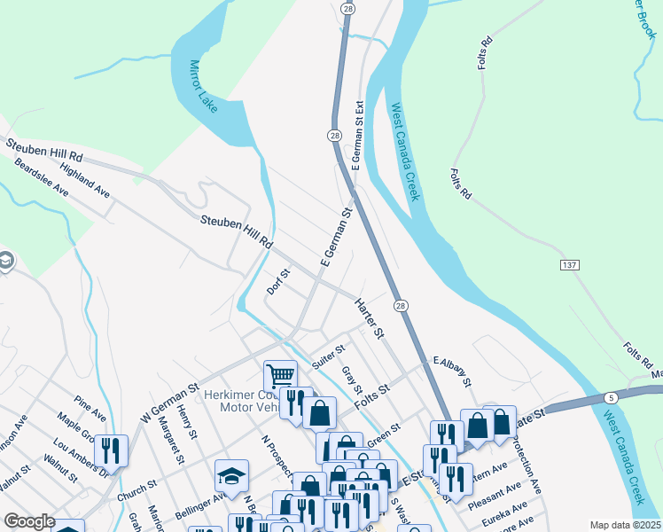 map of restaurants, bars, coffee shops, grocery stores, and more near 404 Lansing Street in Herkimer