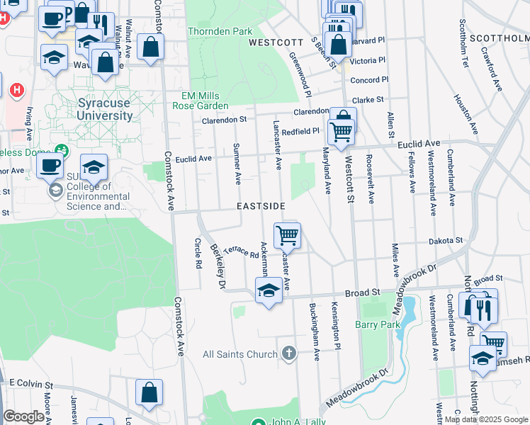 map of restaurants, bars, coffee shops, grocery stores, and more near 925-27 Ackerman Avenue in Syracuse