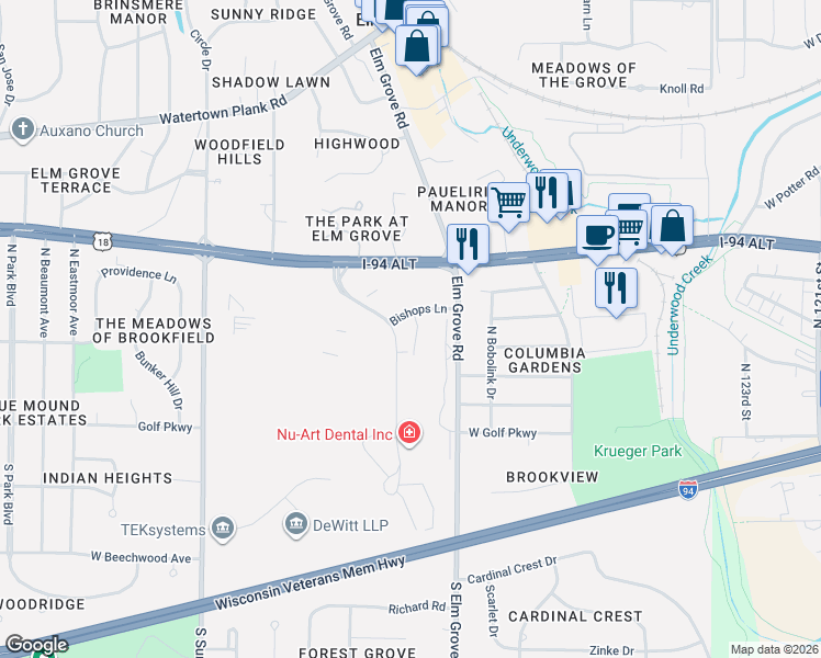 map of restaurants, bars, coffee shops, grocery stores, and more near 350 Bishops Way in Brookfield
