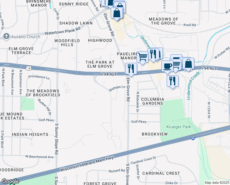 map of restaurants, bars, coffee shops, grocery stores, and more near 350 Bishops Way in Brookfield