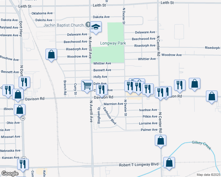 map of restaurants, bars, coffee shops, grocery stores, and more near 3505 Churchill Avenue in Flint