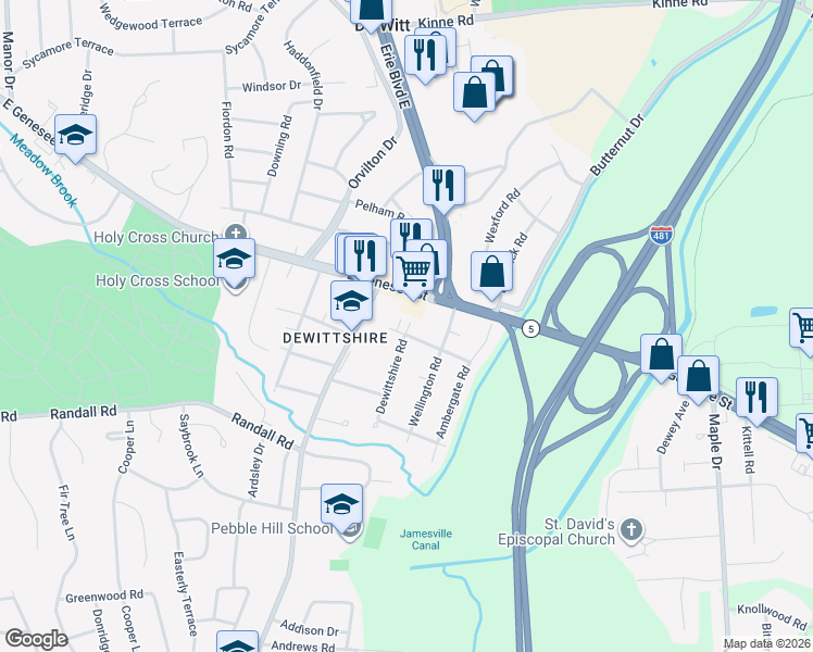 map of restaurants, bars, coffee shops, grocery stores, and more near 101 Dewittshire Road in Syracuse