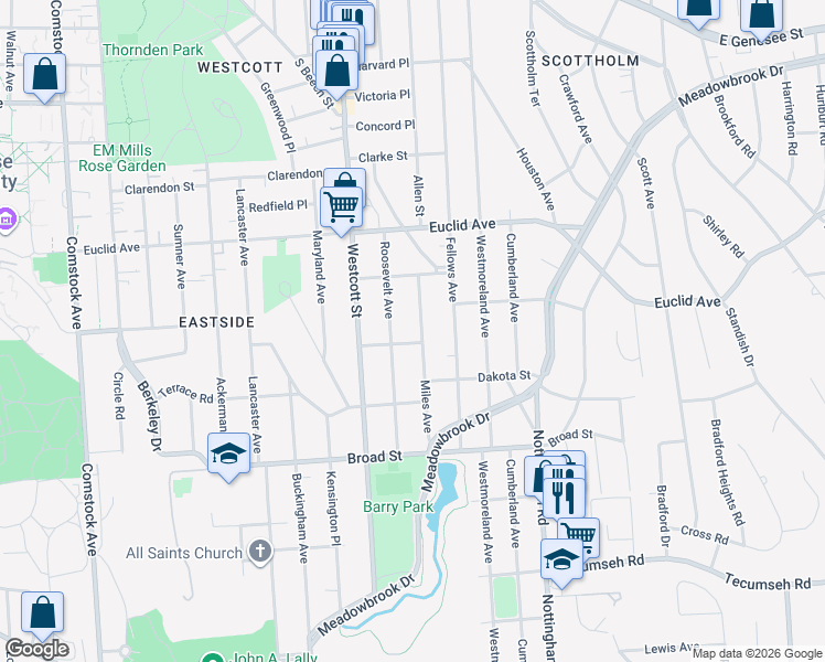 map of restaurants, bars, coffee shops, grocery stores, and more near 205 Miles Avenue in Syracuse