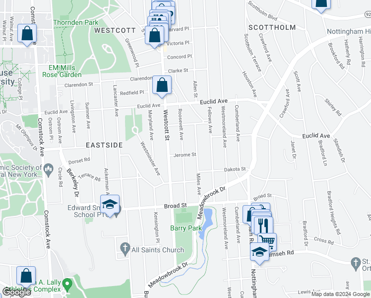 map of restaurants, bars, coffee shops, grocery stores, and more near 300 Roosevelt Avenue in Syracuse