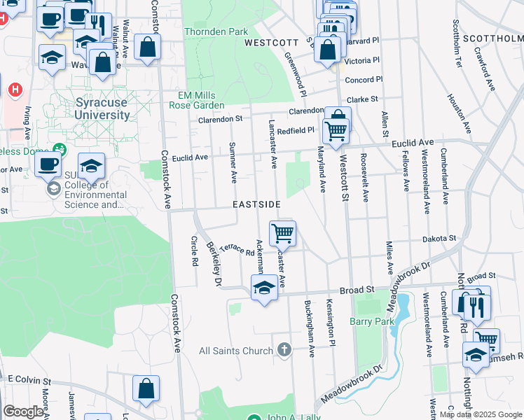 map of restaurants, bars, coffee shops, grocery stores, and more near 925-27 Ackerman Avenue in Syracuse