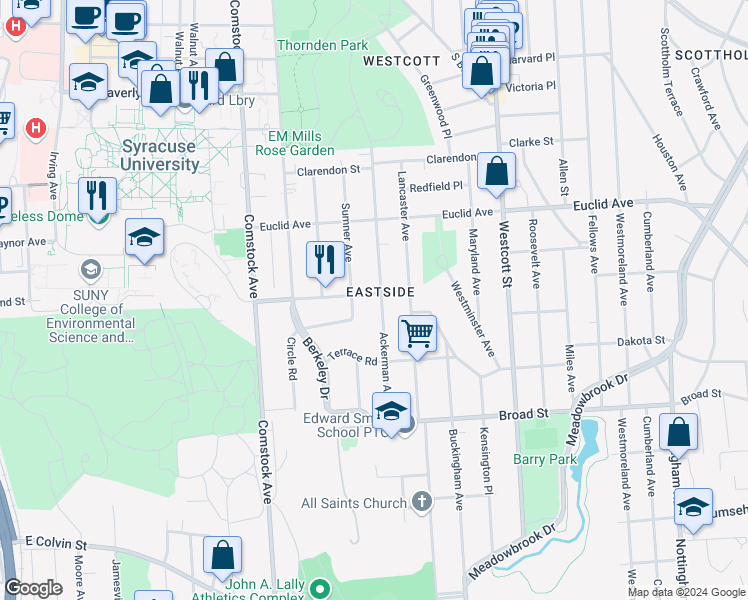 map of restaurants, bars, coffee shops, grocery stores, and more near 122 Dorset Road in Syracuse