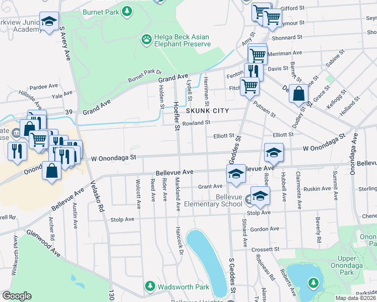 map of restaurants, bars, coffee shops, grocery stores, and more near 1517 West Onondaga Street in Syracuse