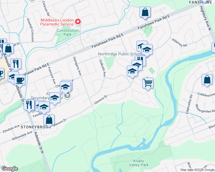 map of restaurants, bars, coffee shops, grocery stores, and more near 42 Kirkton Court in London