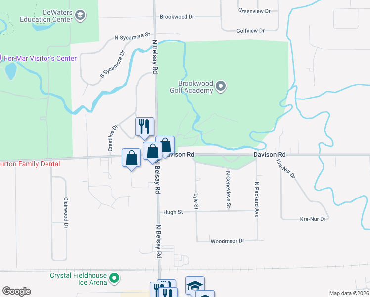 map of restaurants, bars, coffee shops, grocery stores, and more near 6056 Davison Road in Burton