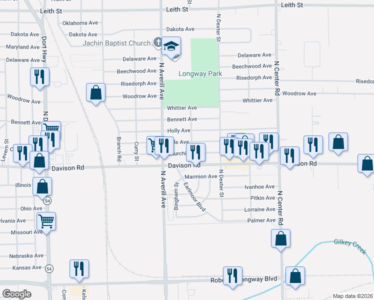 map of restaurants, bars, coffee shops, grocery stores, and more near 3422 Churchill Avenue in Flint