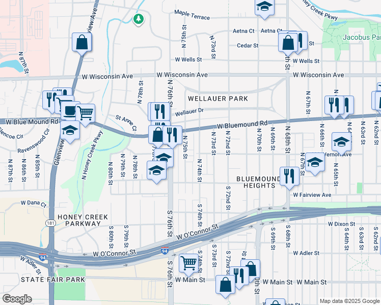 map of restaurants, bars, coffee shops, grocery stores, and more near 221 North 74th Street in Milwaukee