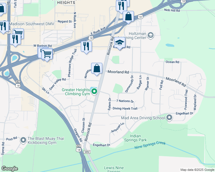 map of restaurants, bars, coffee shops, grocery stores, and more near 350 Kent Lane in Madison