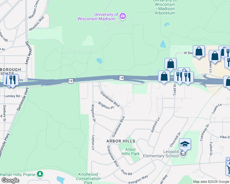 map of restaurants, bars, coffee shops, grocery stores, and more near 2831 Grandview Boulevard in Madison