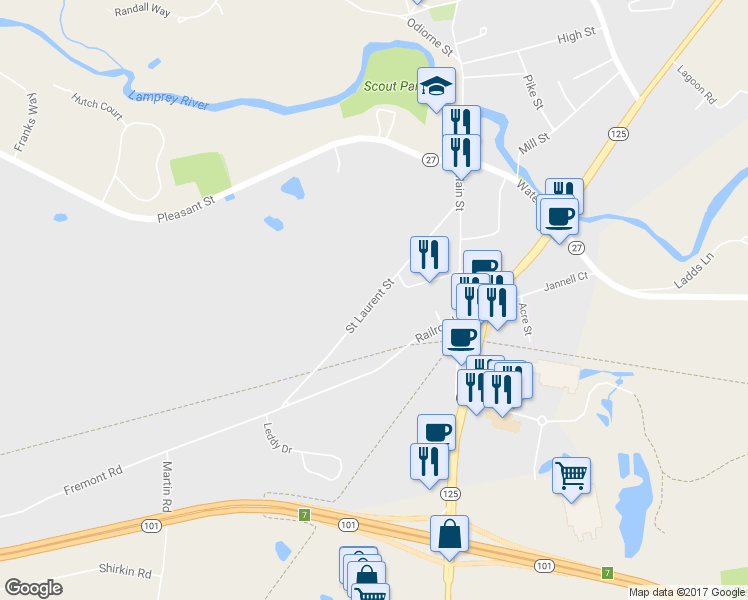 map of restaurants, bars, coffee shops, grocery stores, and more near 72 Saint Laurent Street in Epping