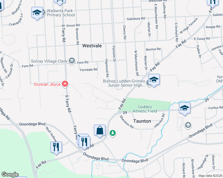 map of restaurants, bars, coffee shops, grocery stores, and more near 204R Ludden Parkway in Syracuse