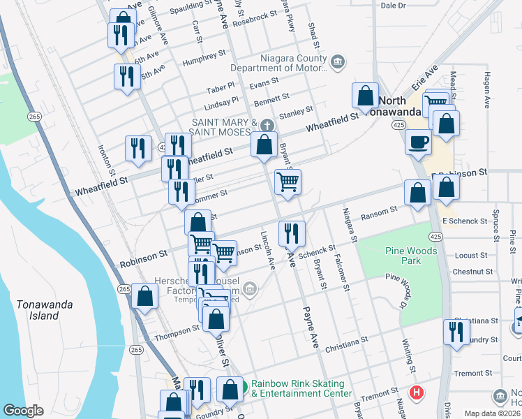 map of restaurants, bars, coffee shops, grocery stores, and more near 365 Payne Avenue in North Tonawanda