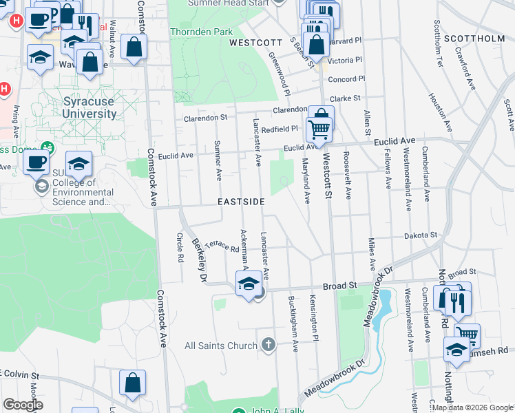 map of restaurants, bars, coffee shops, grocery stores, and more near 925-27 Ackerman Avenue in Syracuse