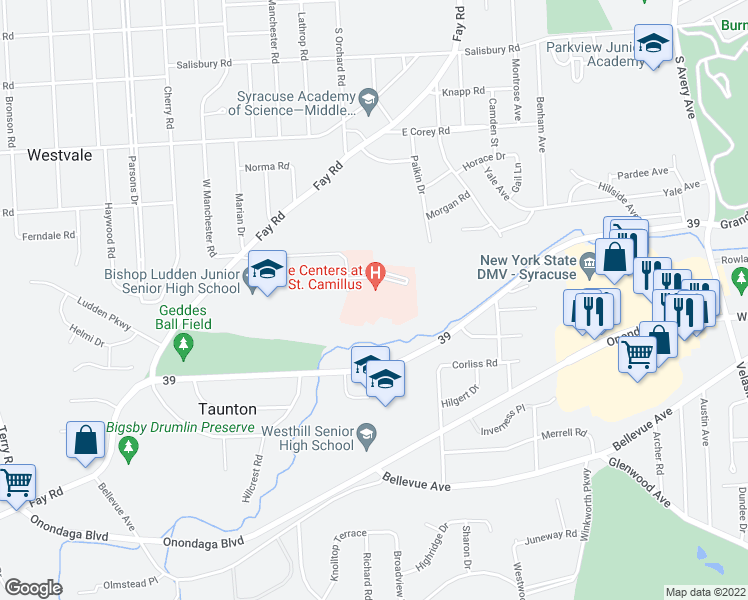 map of restaurants, bars, coffee shops, grocery stores, and more near 813 Fay Road in Syracuse